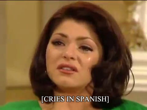 A telenovela still captioned CRIES IN SPANISH