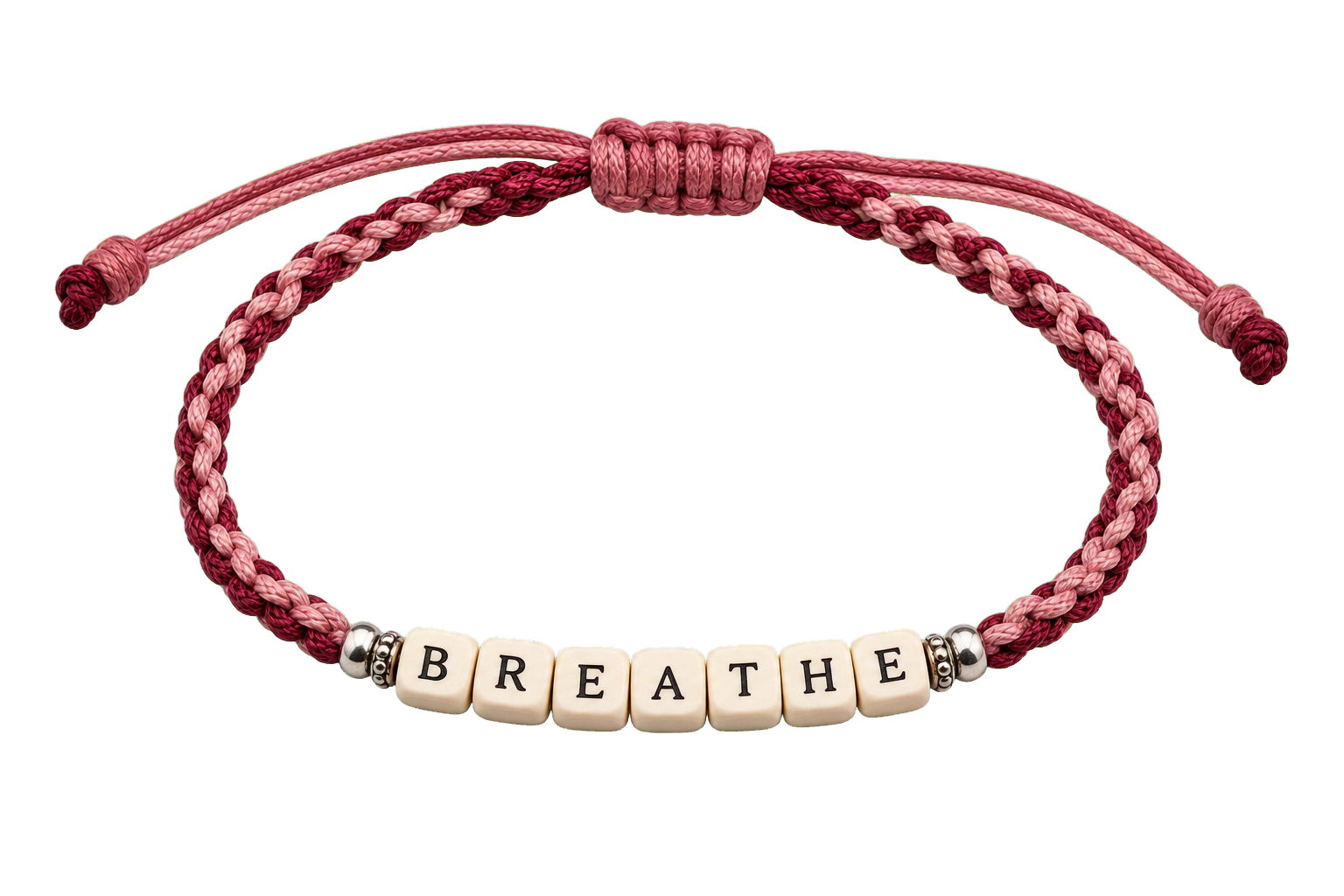 A dusty-pink friendship bracelet with cream letter beads spelling BREATHE